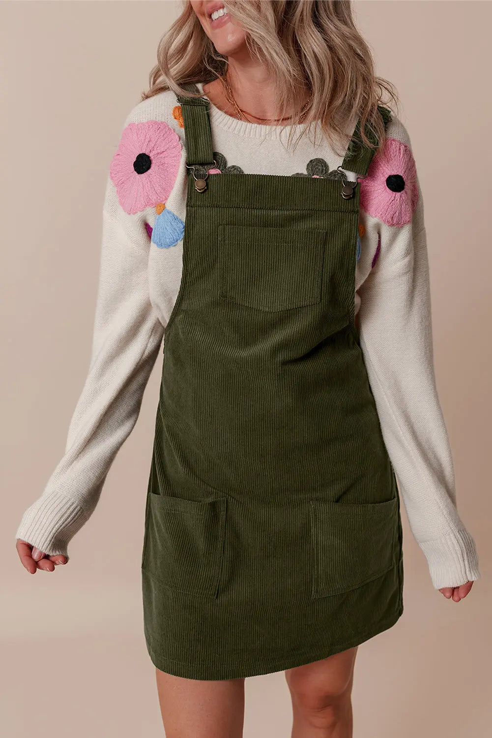 Black Solid Front Pockets Sleeveless Corduroy Overall Dress Beagle Boutique Fashion Outlet