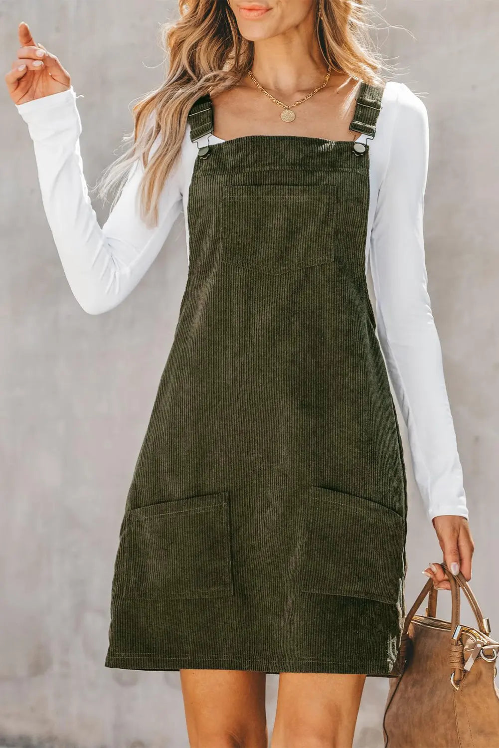 Black Solid Front Pockets Sleeveless Corduroy Overall Dress Beagle Boutique Fashion Outlet