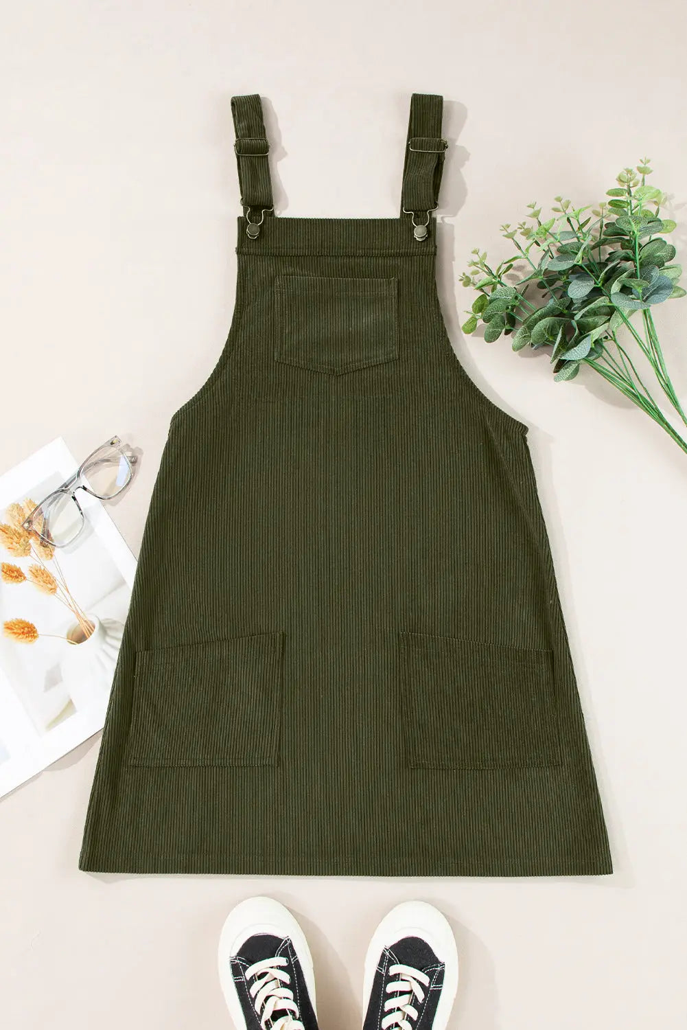 Black Solid Front Pockets Sleeveless Corduroy Overall Dress Beagle Boutique Fashion Outlet