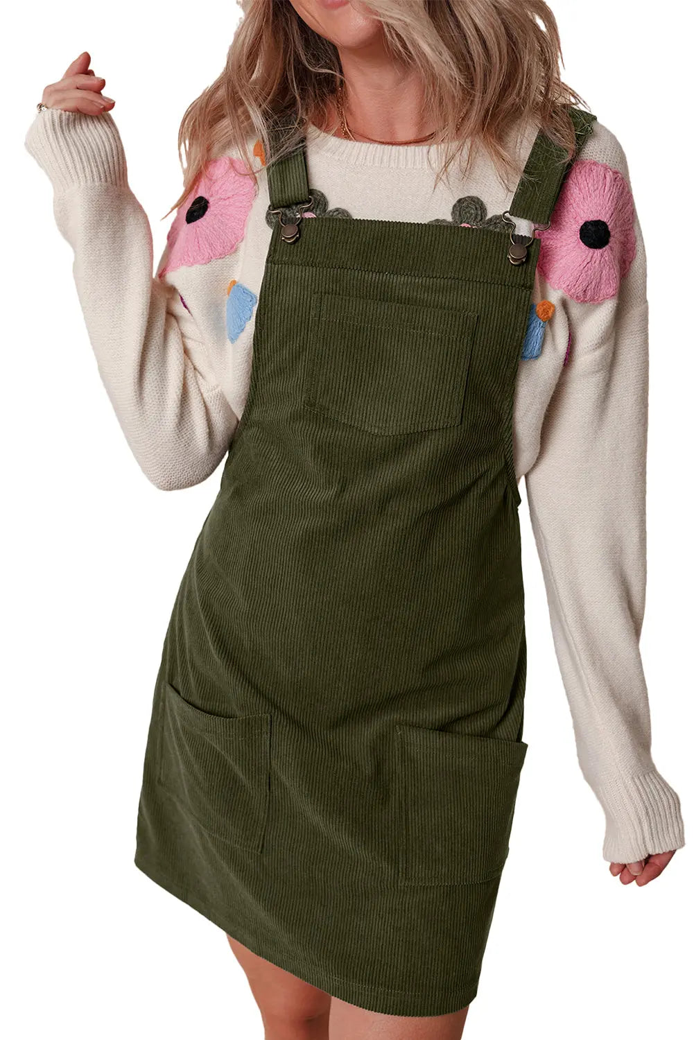 Black Solid Front Pockets Sleeveless Corduroy Overall Dress Beagle Boutique Fashion Outlet