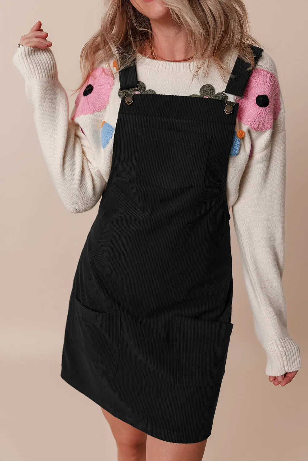 Black Solid Front Pockets Sleeveless Corduroy Overall Dress Beagle Boutique Fashion Outlet