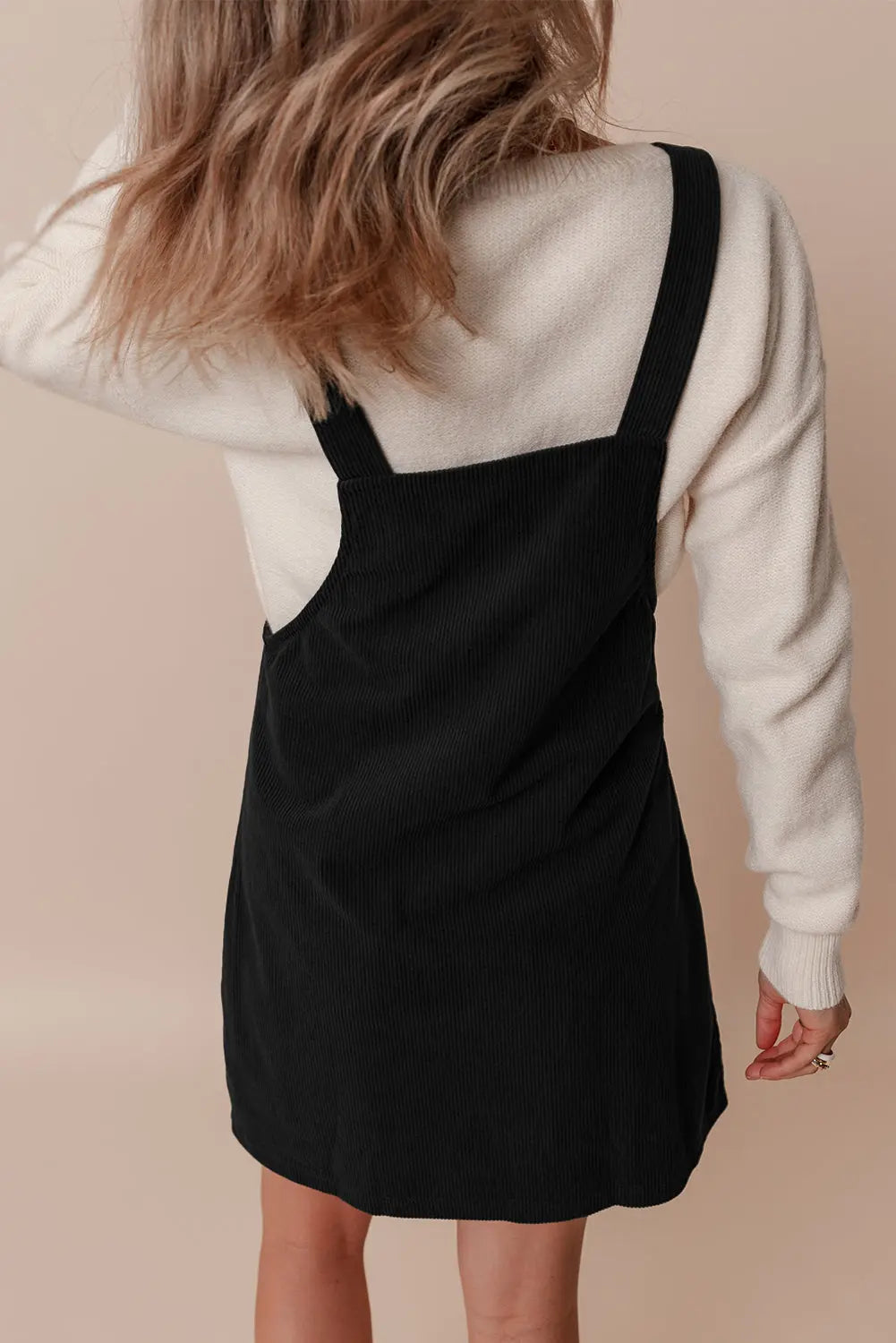 Black Solid Front Pockets Sleeveless Corduroy Overall Dress Beagle Boutique Fashion Outlet