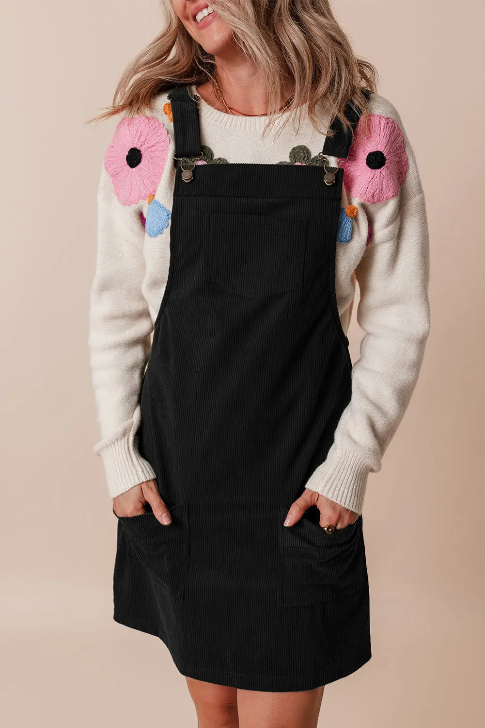 Black Solid Front Pockets Sleeveless Corduroy Overall Dress Beagle Boutique Fashion Outlet
