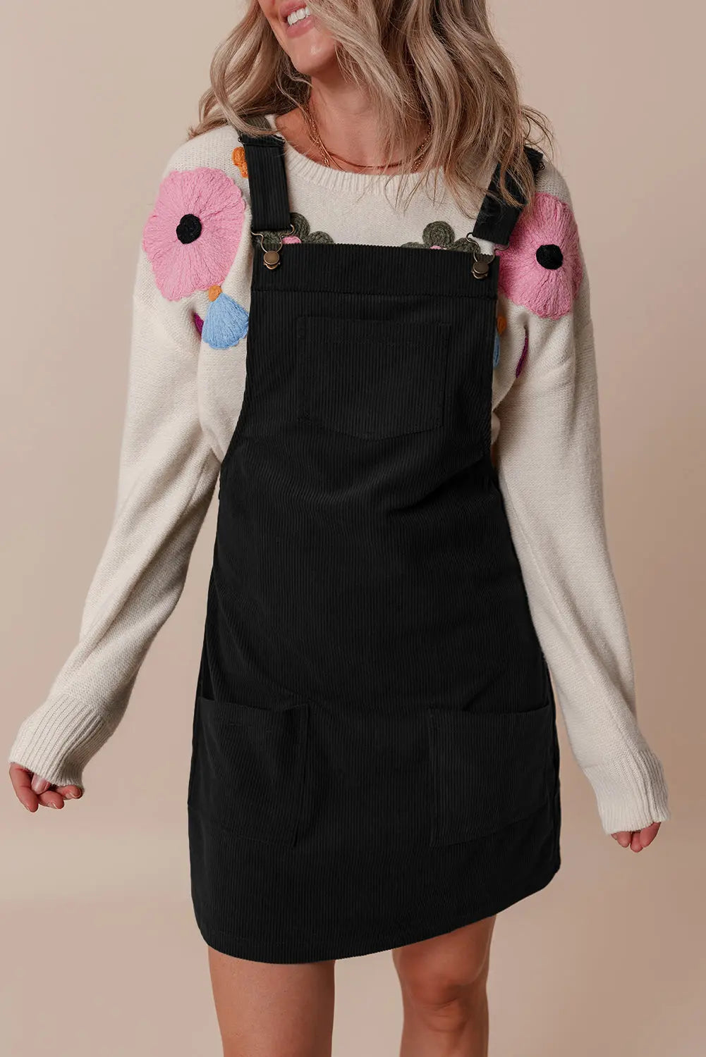 Black Solid Front Pockets Sleeveless Corduroy Overall Dress Beagle Boutique Fashion Outlet