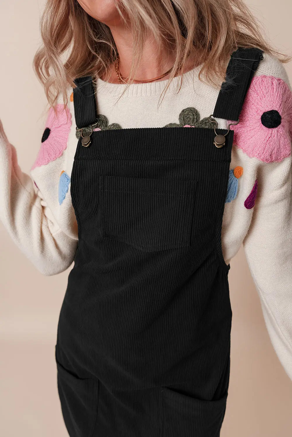 Black Solid Front Pockets Sleeveless Corduroy Overall Dress Beagle Boutique Fashion Outlet