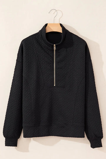 Black Solid Textured Half Zipper Collared Sweatshirt Beagle Boutique Fashion Outlet