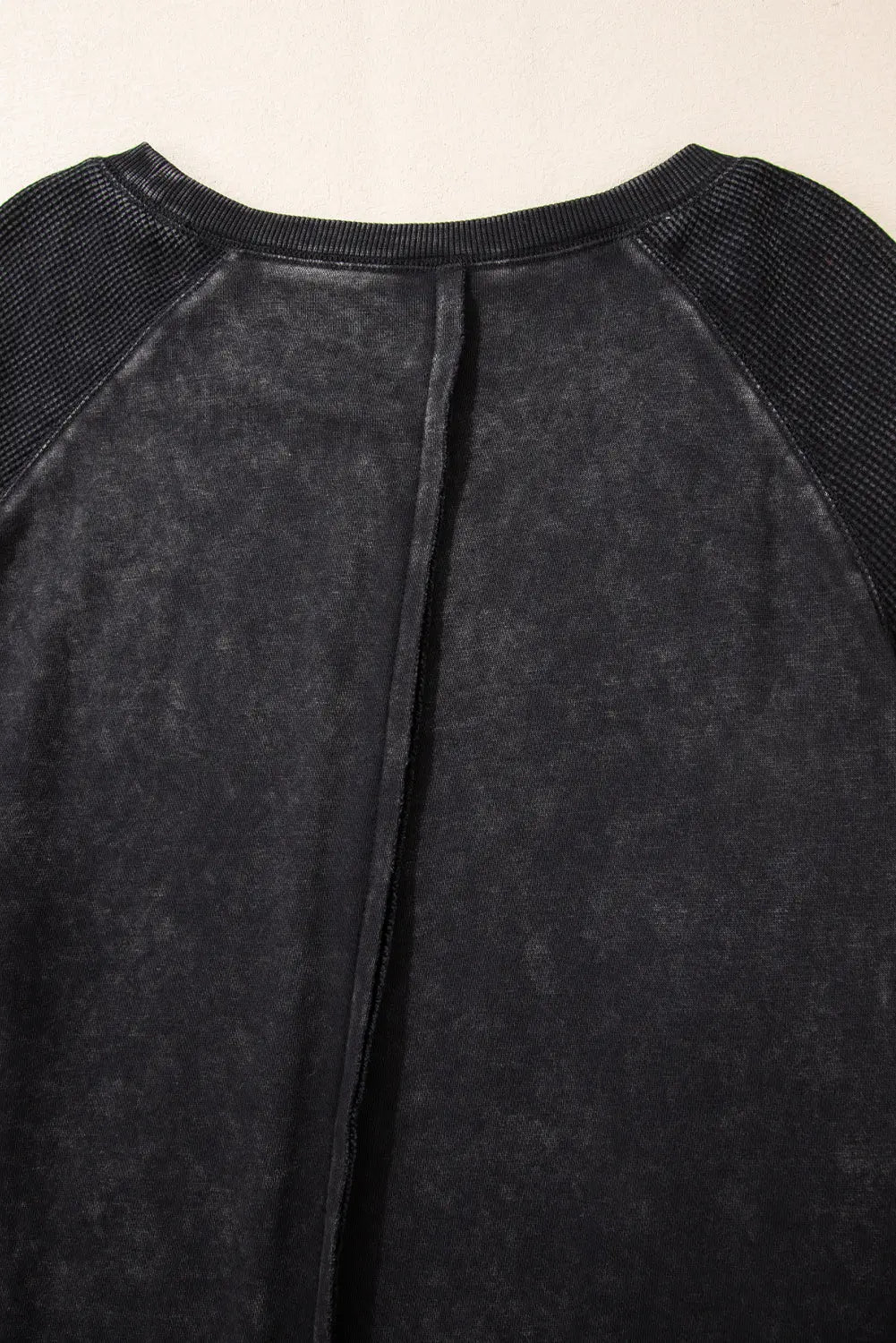 Black Solid Waffle Knit Patchwork Raglan Sleeve Sweatshirt Beagle Boutique Fashion Outlet
