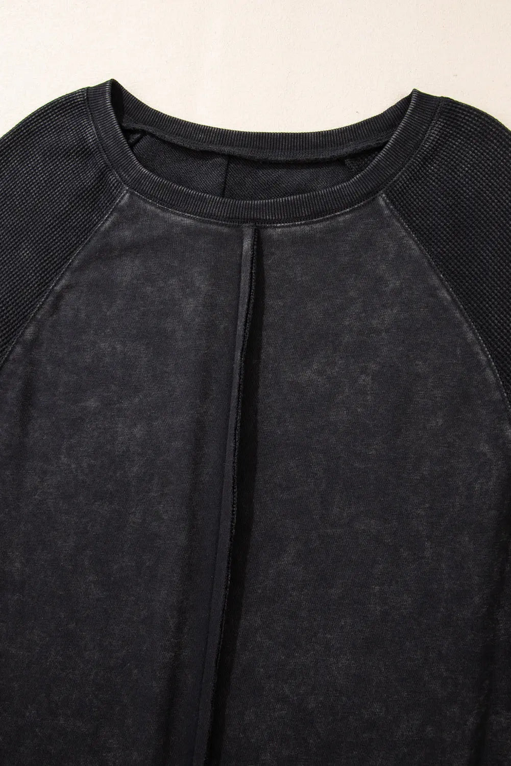 Black Solid Waffle Knit Patchwork Raglan Sleeve Sweatshirt Beagle Boutique Fashion Outlet