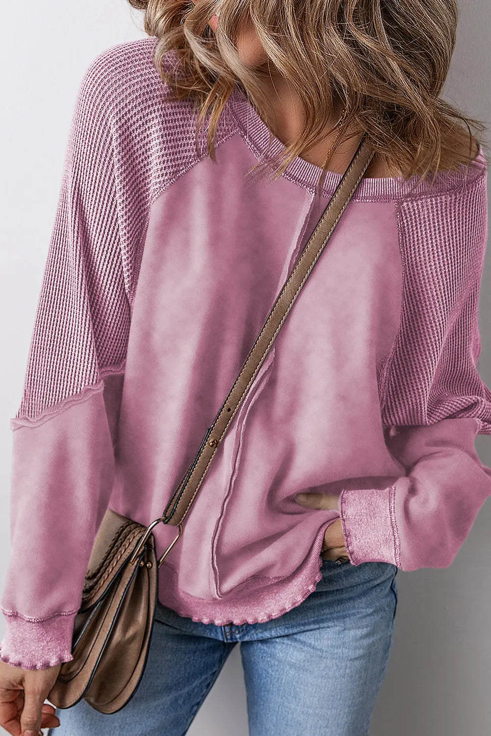 Black Solid Waffle Knit Patchwork Raglan Sleeve Sweatshirt Beagle Boutique Fashion Outlet