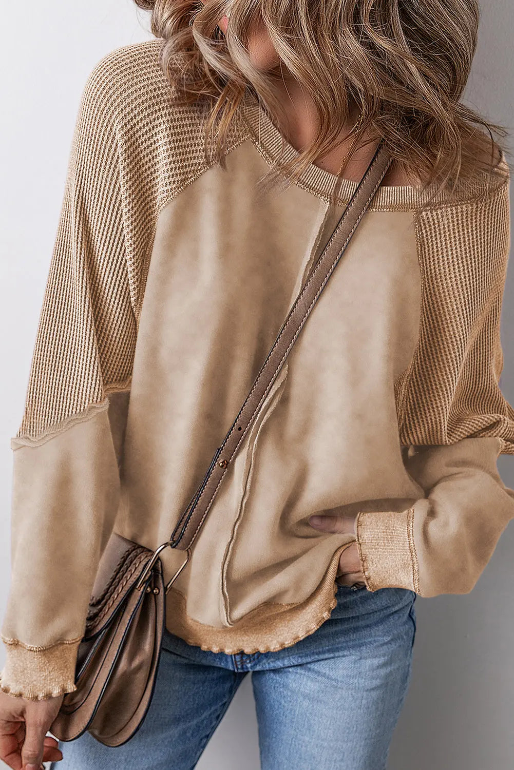 Black Solid Waffle Knit Patchwork Raglan Sleeve Sweatshirt Beagle Boutique Fashion Outlet