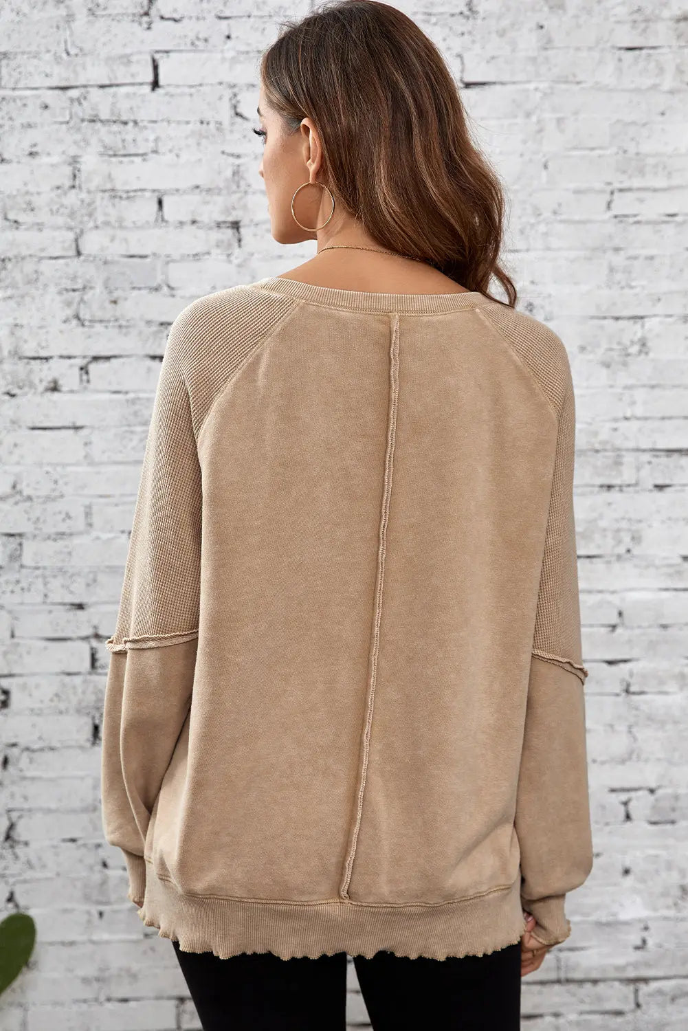 Black Solid Waffle Knit Patchwork Raglan Sleeve Sweatshirt Beagle Boutique Fashion Outlet