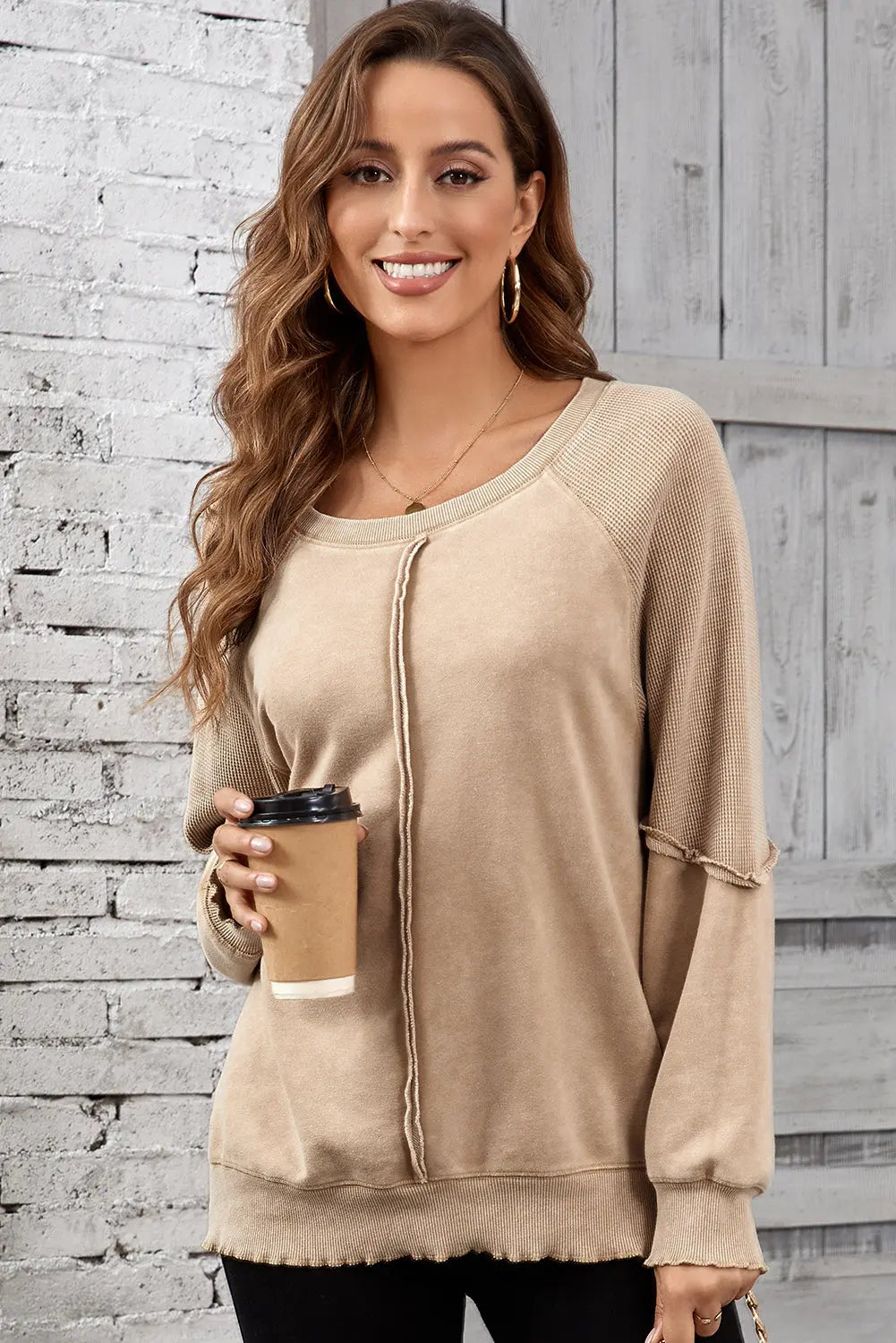 Black Solid Waffle Knit Patchwork Raglan Sleeve Sweatshirt Beagle Boutique Fashion Outlet