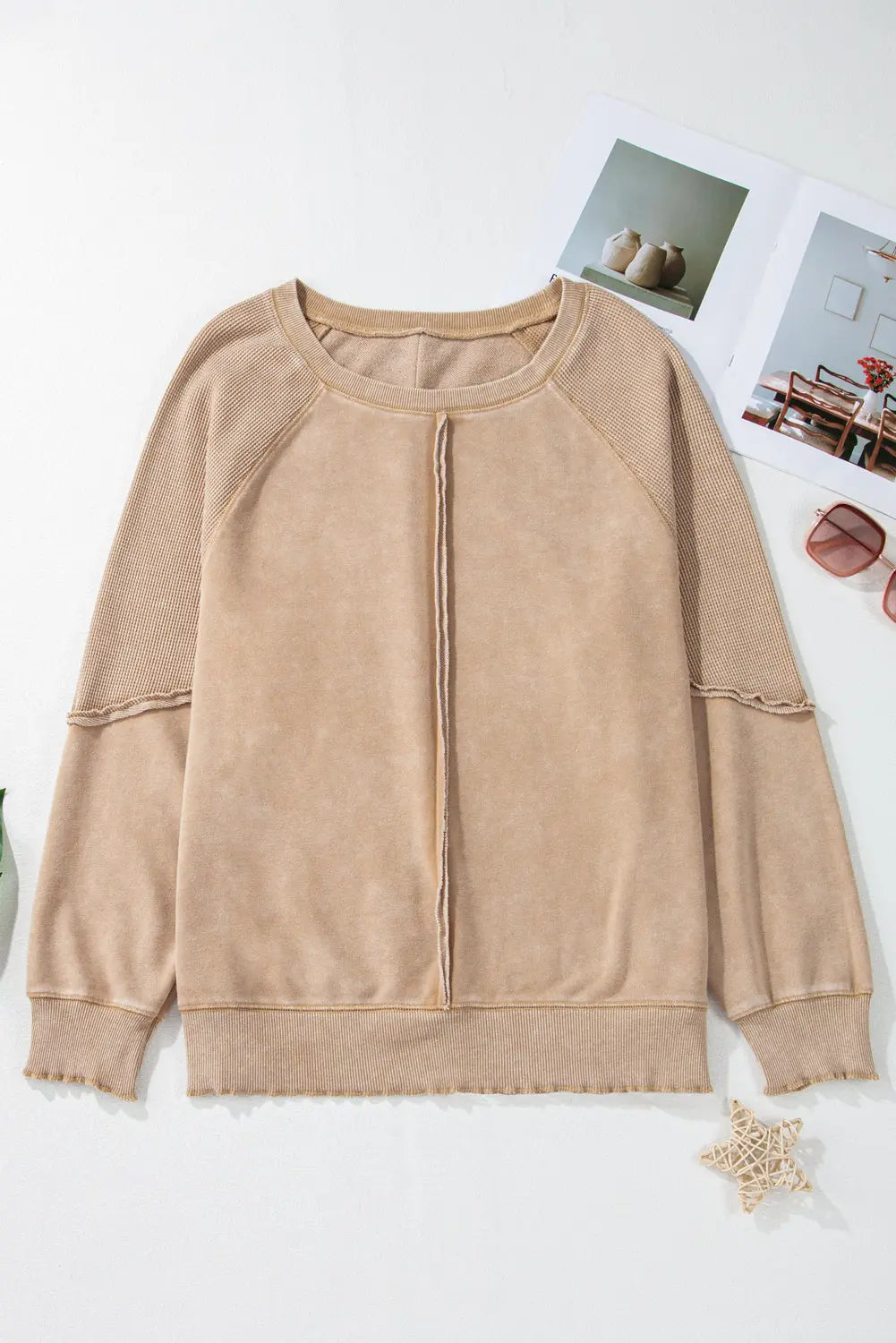 Black Solid Waffle Knit Patchwork Raglan Sleeve Sweatshirt Beagle Boutique Fashion Outlet