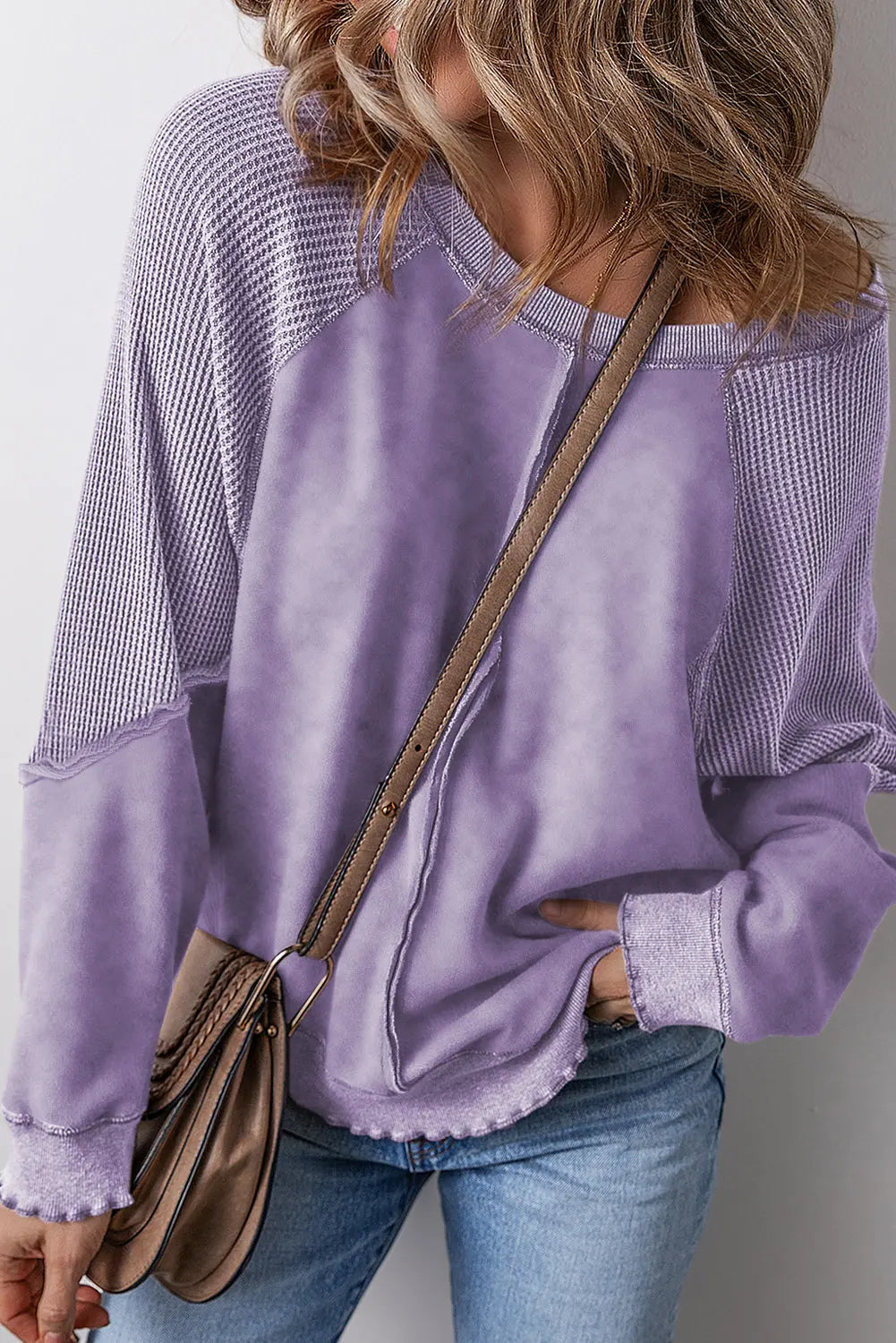 Black Solid Waffle Knit Patchwork Raglan Sleeve Sweatshirt Beagle Boutique Fashion Outlet