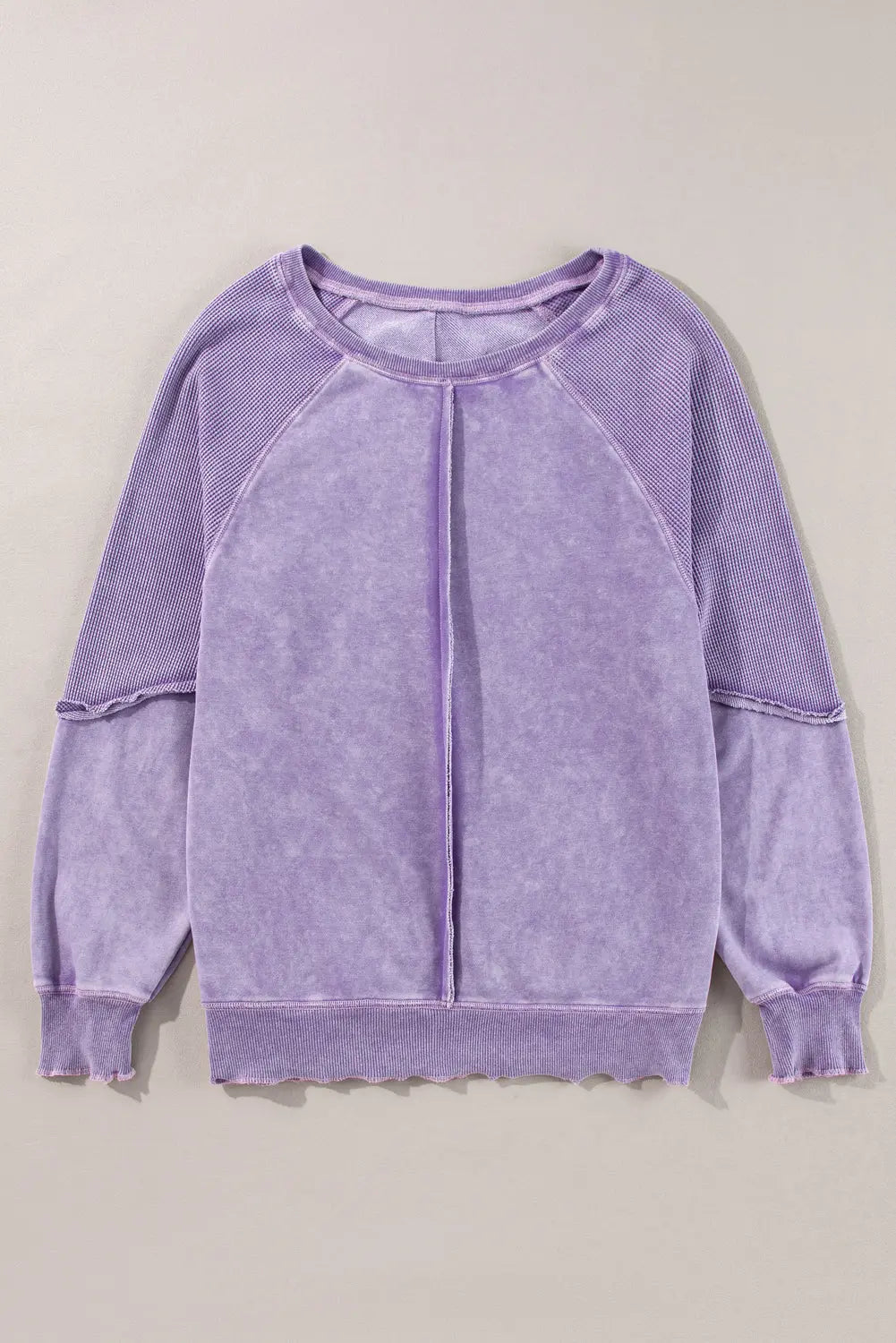 Black Solid Waffle Knit Patchwork Raglan Sleeve Sweatshirt Beagle Boutique Fashion Outlet
