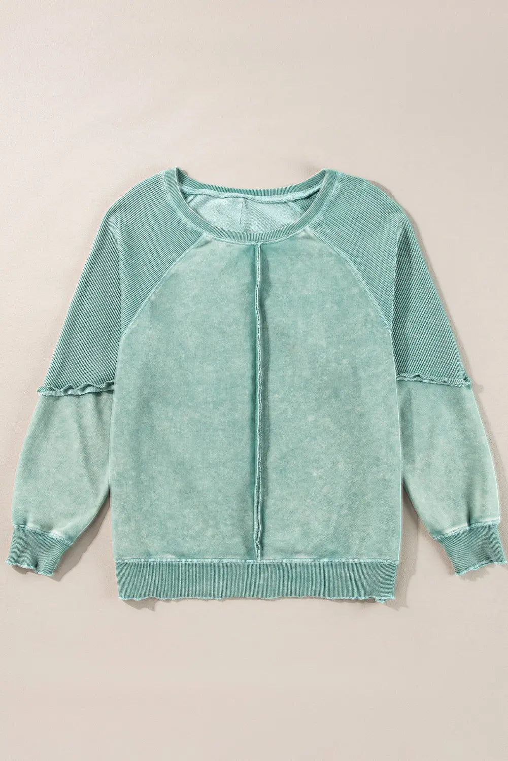 Black Solid Waffle Knit Patchwork Raglan Sleeve Sweatshirt Beagle Boutique Fashion Outlet