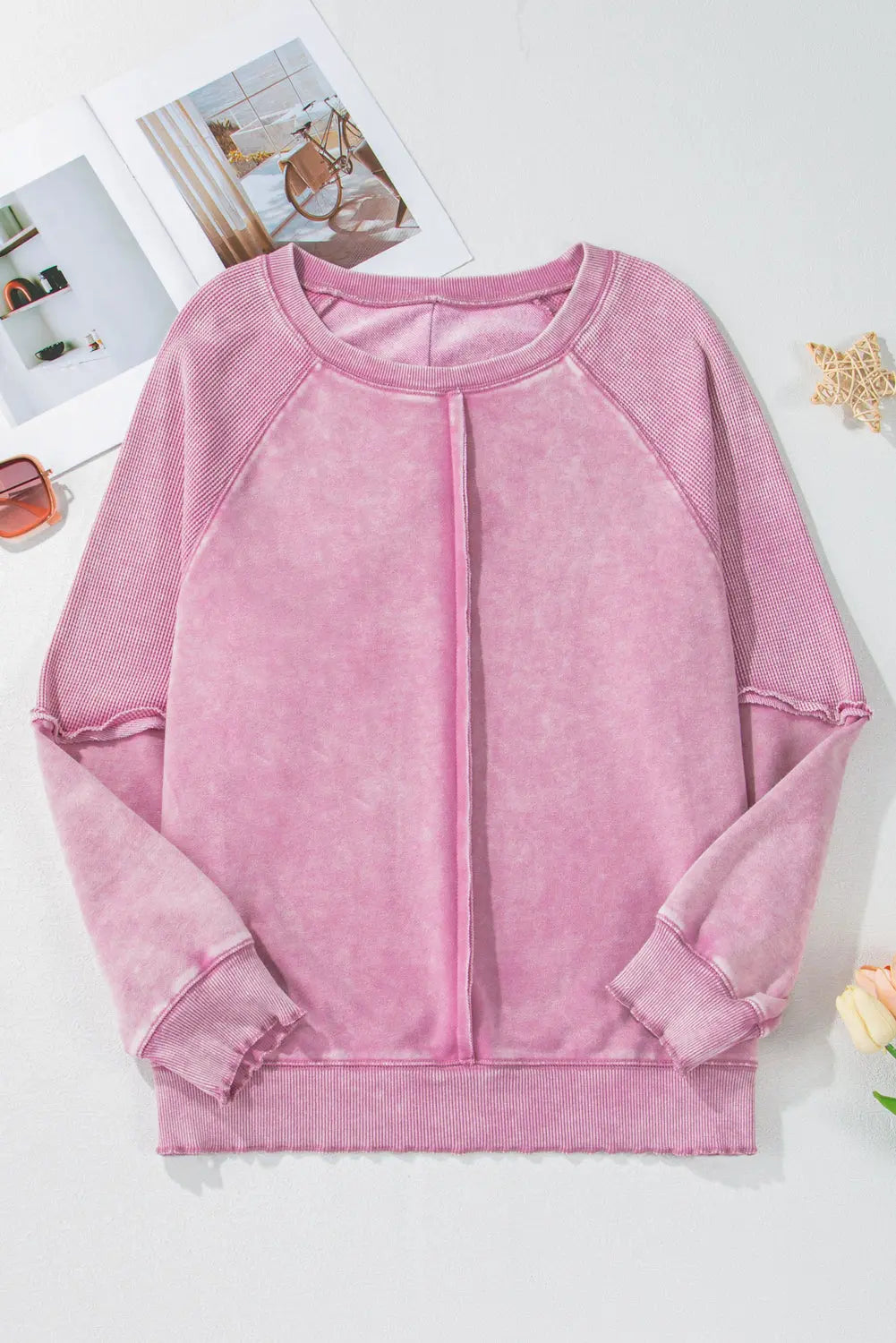 Black Solid Waffle Knit Patchwork Raglan Sleeve Sweatshirt Beagle Boutique Fashion Outlet