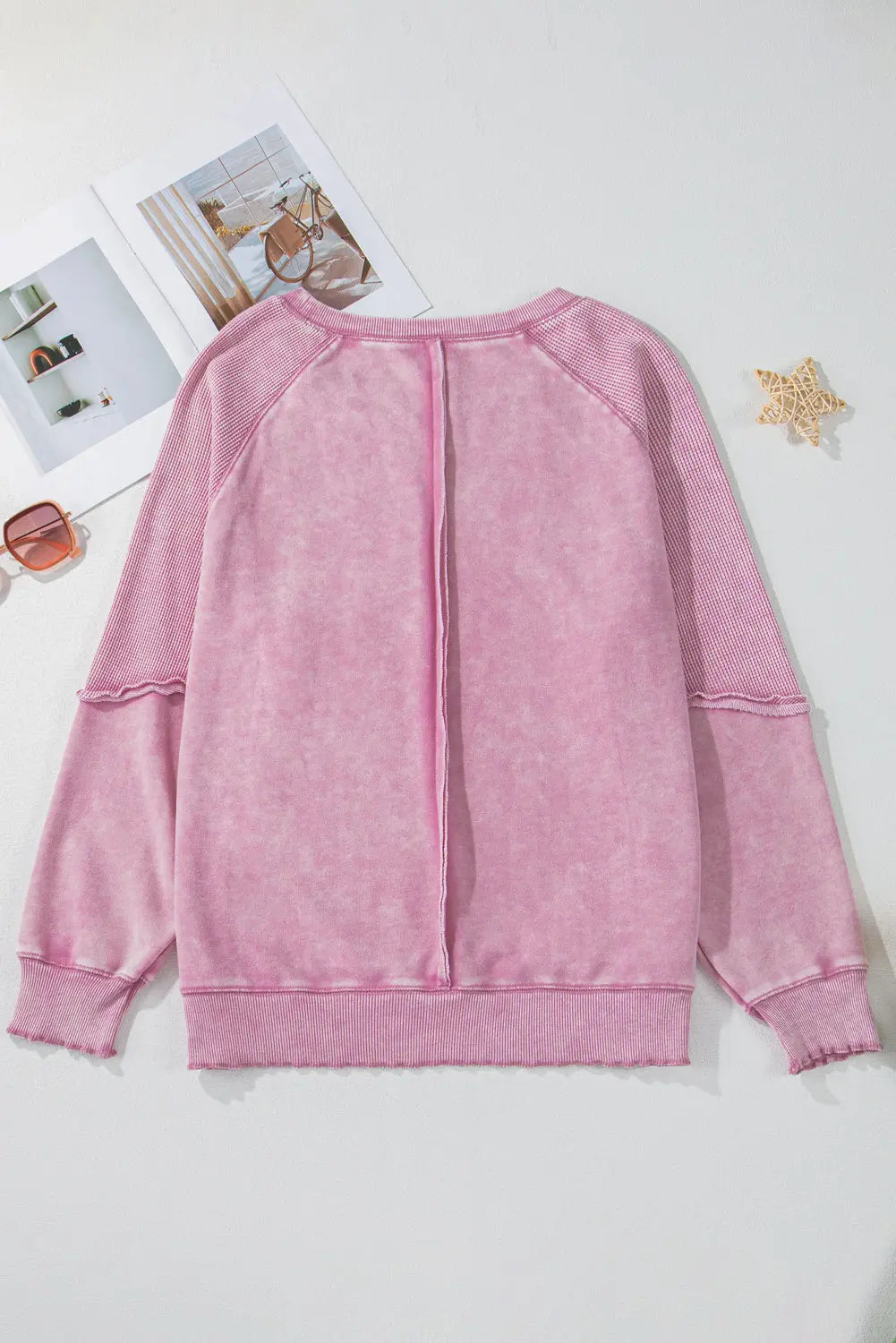 Black Solid Waffle Knit Patchwork Raglan Sleeve Sweatshirt Beagle Boutique Fashion Outlet