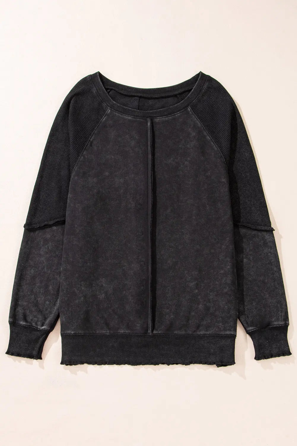 Black Solid Waffle Knit Patchwork Raglan Sleeve Sweatshirt Beagle Boutique Fashion Outlet