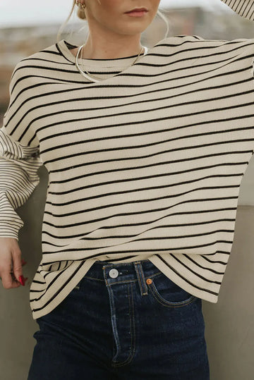 Black Striped Patchwork Loose Long Sleeve Tee Beagle Boutique Fashion Outlet