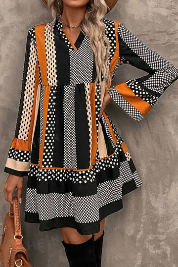 Black Striped Polka Dot Print Ruffled Hem V Neck Mini Dress eAura