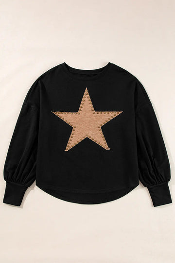 Black Studded Star Graphic Oversized Long Sleeve Top Beagle Boutique Fashion Outlet