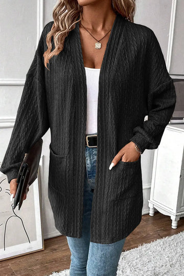 Black Textured Knit Side Pockets Open Front Cardigan Beagle Boutique Fashion Outlet