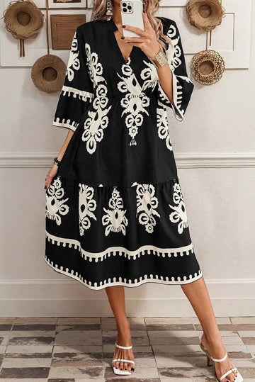 Black Western Geometric Print 3/4 Sleeve Loose Midi Dress Beagle Boutique Fashion Outlet