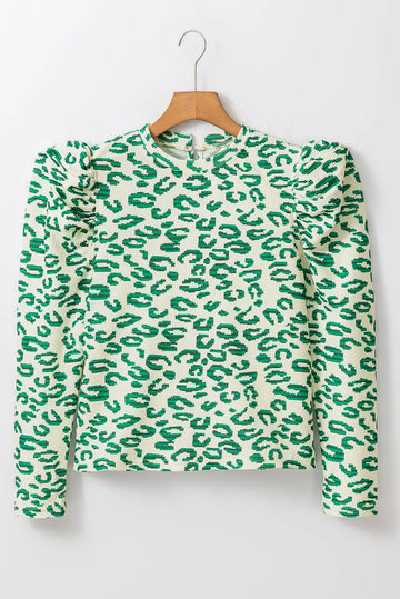 Blackish Green Leopard Print Mock Neck Puff Sleeve Top Beagle Boutique Fashion Outlet