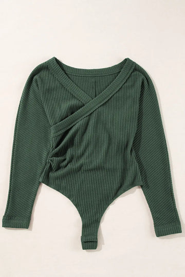 Blackish Green Waffle Knit Slim Fit Wrap V Neck Bodysuit Beagle Boutique Fashion Outlet