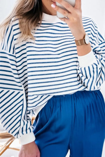 Blue Stripe Drop Shoulder Crew Neck Loose Sweatshirt Beagle Boutique Fashion Outlet