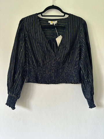 Boden Blue Metallic Yarn Smocked Crop Top size 12 - BB Fashion Outlet