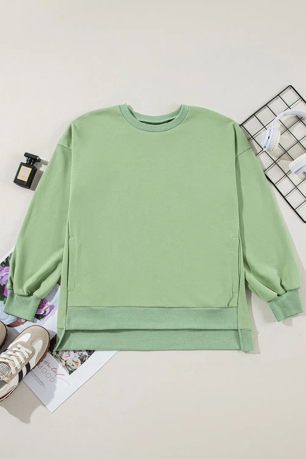 Bonbon Solid Fleece Lined Drop Shoulder High Low Sweatshirt - BB Fashion Outlet