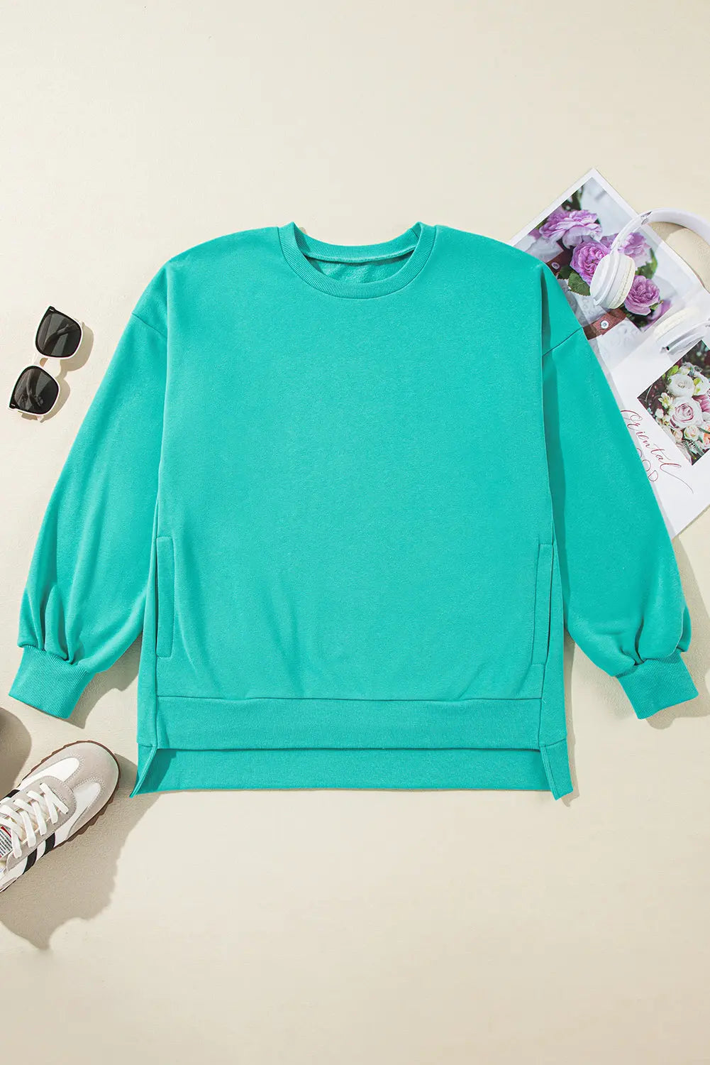 Bonbon Solid Fleece Lined Drop Shoulder High Low Sweatshirt - BB Fashion Outlet