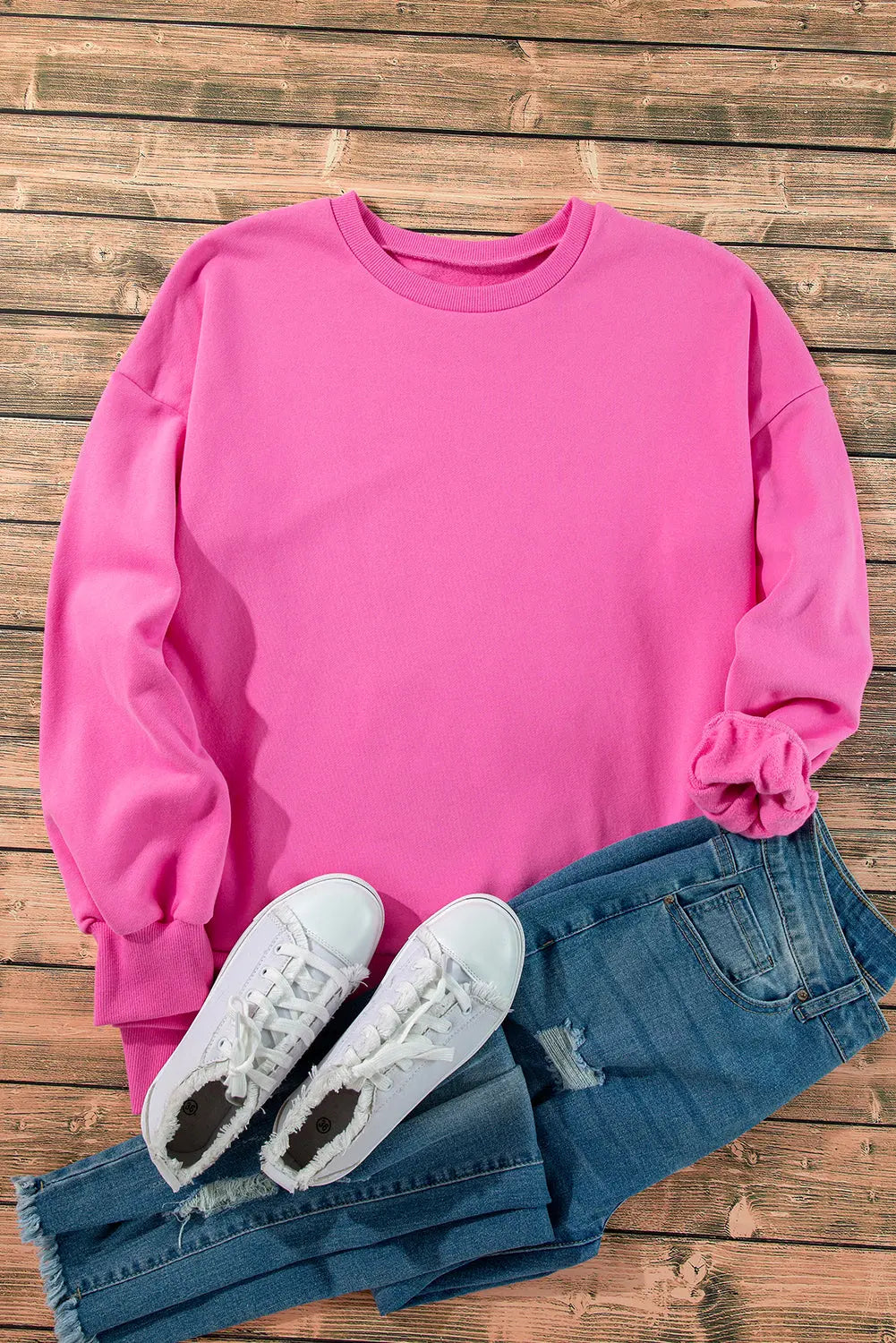 Bonbon Solid Fleece Lined Drop Shoulder High Low Sweatshirt Beagle Boutique Fashion Outlet