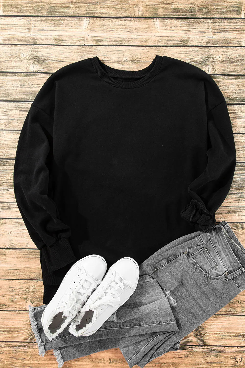 Bonbon Solid Fleece Lined Drop Shoulder High Low Sweatshirt Beagle Boutique Fashion Outlet