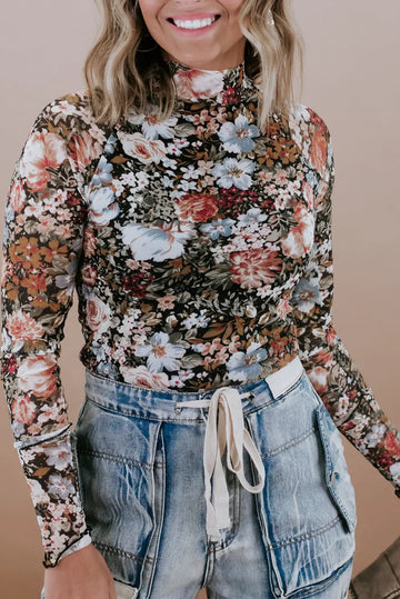 Brown Floral Long Sleeve High Neck Sheath Mesh Blouse eAura