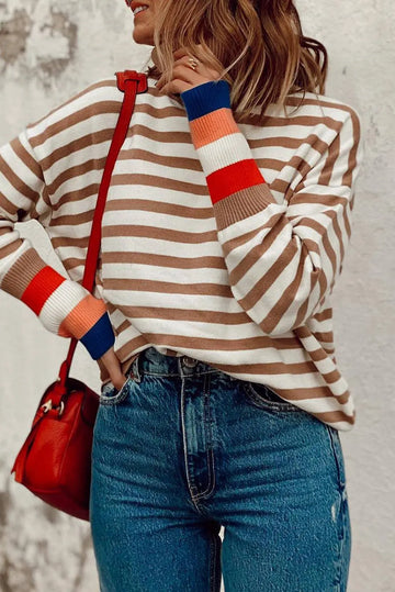 Brown Stripe Colourblock Bishop Sleeve Turtleneck Sweater - BB Fashion Outlet