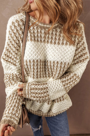Brown Stripe Drop Shoulder Round Neck Loose Sweater Beagle Boutique Fashion Outlet