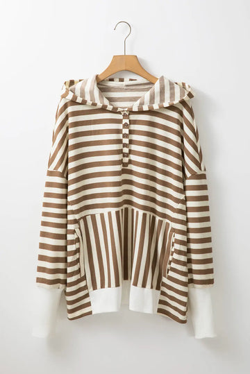 Brown Stripe Quarter Buttons Drop Sleeve Plus Size Hoodie Beagle Boutique Fashion Outlet