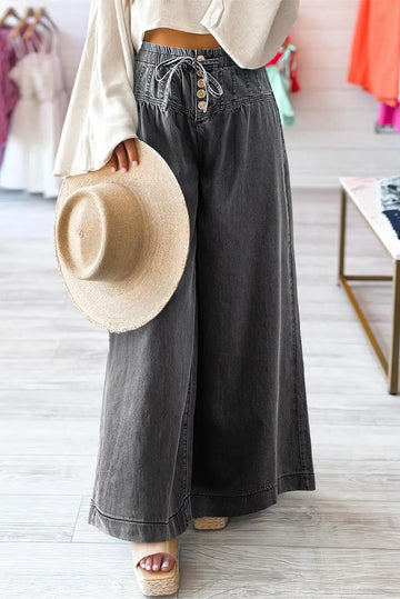 Carbon Grey Mineral Wash Button Fly Waist Wide Leg Jeans - BB Fashion Outlet