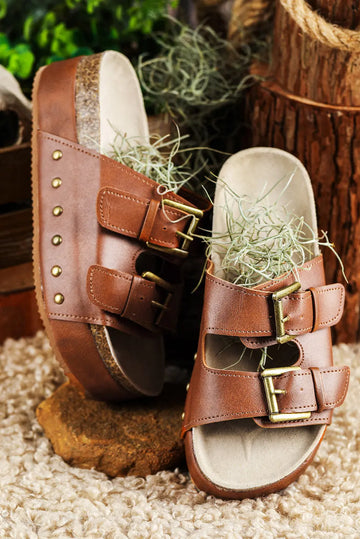 Chestnut Dual Buckle Studded Platform Sandals Beagle Boutique Fashion Outlet