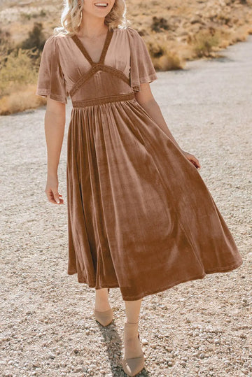 Chestnut Velvet Lacy V Neckline Short Sleeve Empire Waist Flowy Maxi Dress - BB Fashion Outlet