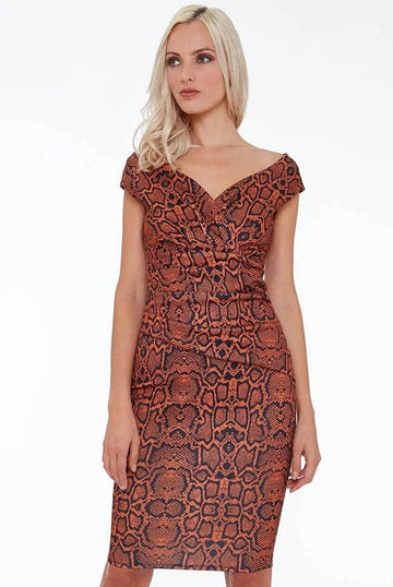 City Goddess Snake Print Bardot Midi Dress Sizes 8, 10 - BB Fashion Outlet