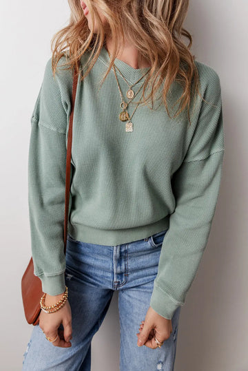 Clearly Aqua Waffle Knit Drop Shoulder V Neck Top Beagle Boutique Fashion Outlet