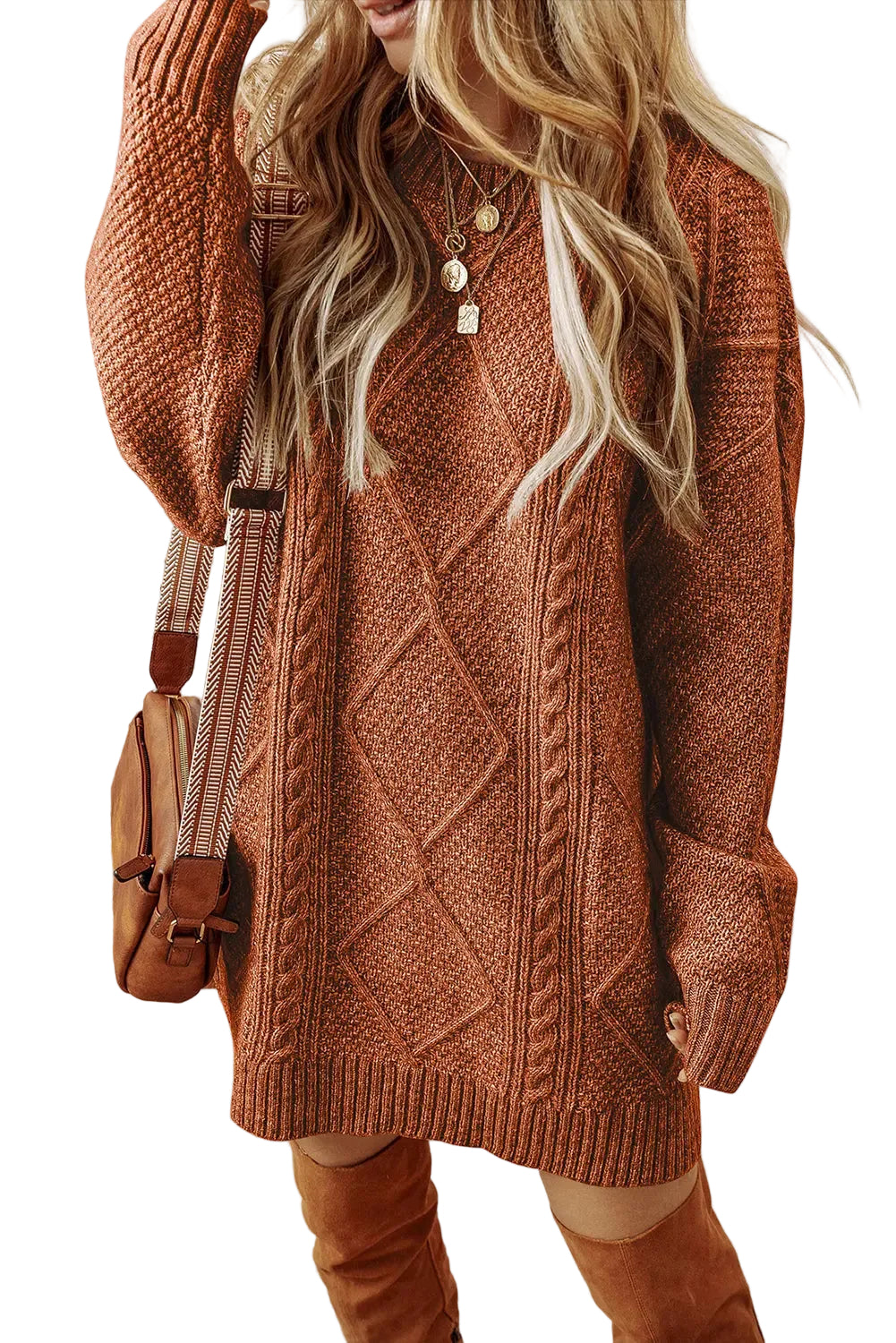 Coffee Cable Knit Drop Shoulder Loose Fit Sweater Dress - eAura eAura Coffee Cable Knit Drop Shoulder Loose Fit Sweater Dress - eAura eAura