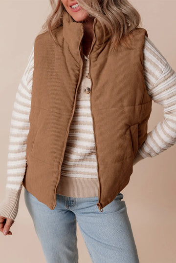 Coffee Corduroy Stand Neck Zipped Puffer Gilet Beagle Boutique Fashion Outlet