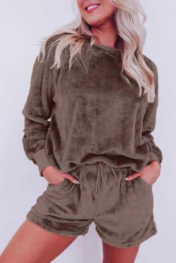 Coffee Solid Loose Fit Two Piece Fleece Lounge Set Beagle Boutique Fashion Outlet