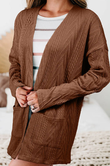 Coffee Solid Textured Open Front Cardigan with Pocket Beagle Boutique Fashion Outlet