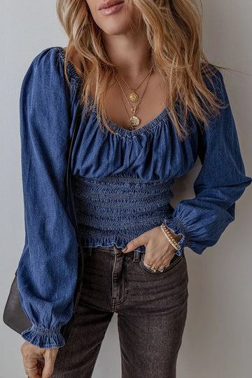 Dark Blue Smocked Ruffled Puff Sleeve V Neck Denim Blouse eAura